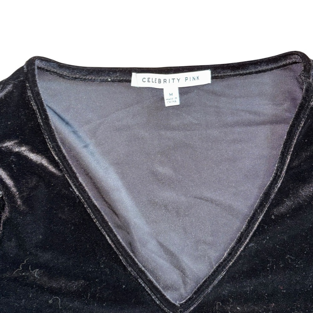 Celebrity Pink Black Velvet Ruffle Bodysuit Womens M Holiday Party Dance Festive - Picture 9 of 12